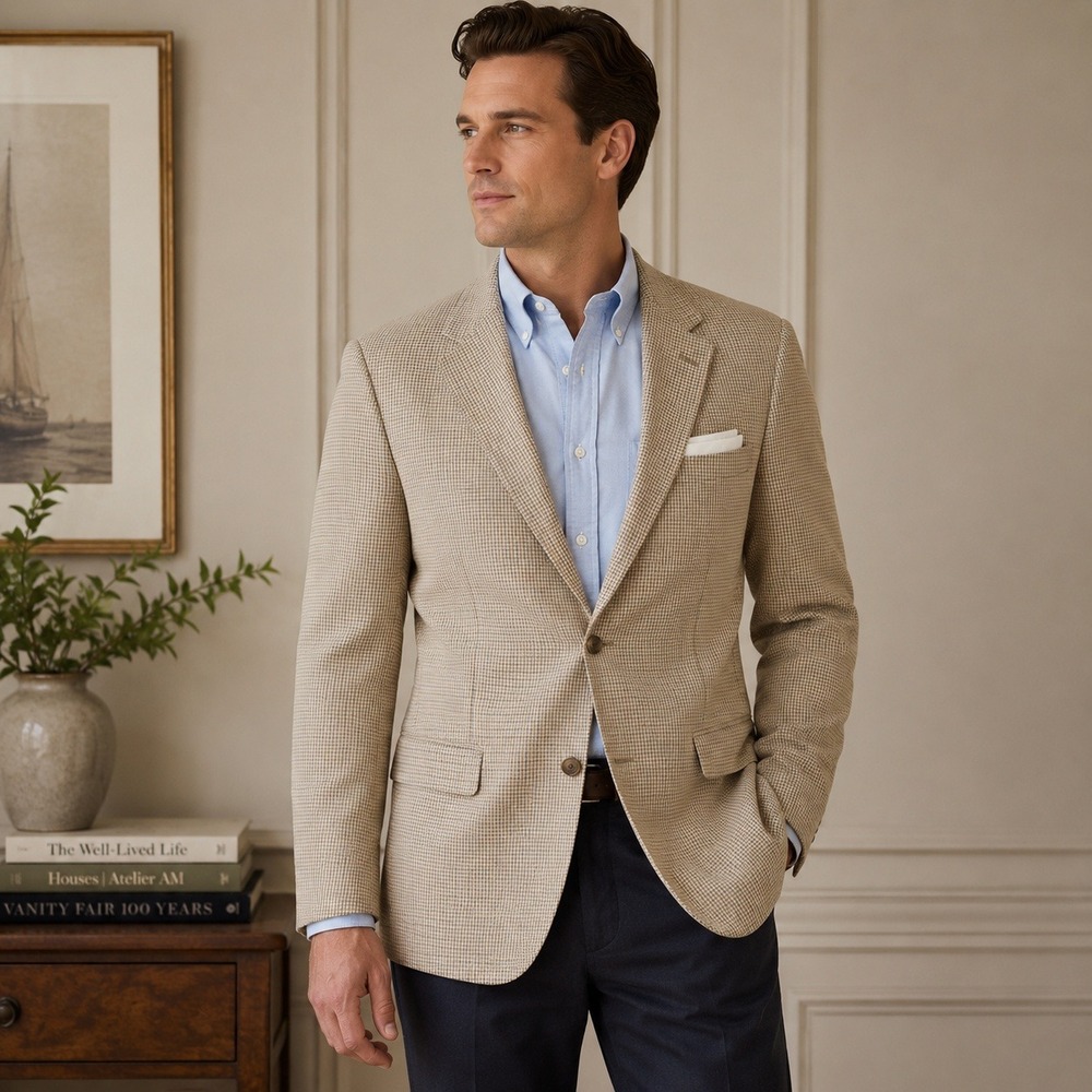 Chaps Ralph Lauren Silk Sport Coat Tan Blue Houndstooth Blazer NWT Men's 48R